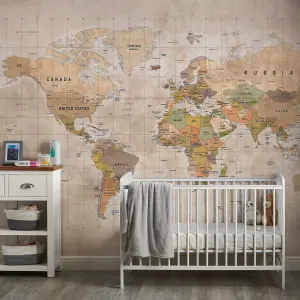 Grandeco Vintage World Map 7 panel Textured Mural,  2.8 x 3.71m, Multi Neutral