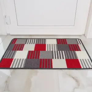 Red Grey Geometric Block Striped Non Slip Washable Kitchen Utility Mat 50x80cm