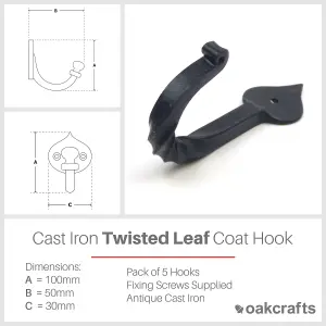 Oakcrafts - Leaf Twisted Hand Forged Rustic Iron Black Wax Old Coat Hanging Utility Hook (Black) - Pack of 5