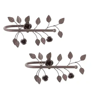 Set of 2 Brown Rose Cast Iron Curtain Hold Backs Vintage Style Floral Leaf Tie Backs Curtain Holder