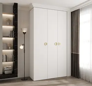 Stylish White Como I Hinged Door Wardrobe H2460mm W1300mm D500mm, Three Doors, Eight Shelves, Hanging Rail, Gold Handles