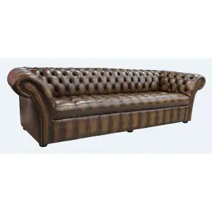 Chesterfield 4 Seater Antique Tan Leather Buttoned Seat Sofa In Balmoral Style