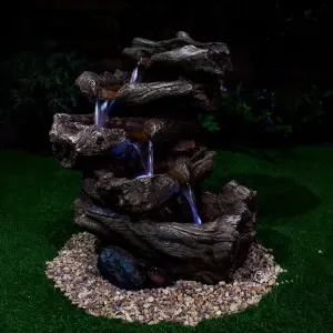 Primrose Nebraska Falls 4-Tier Log Cascade Water Feature with Lights 51cm