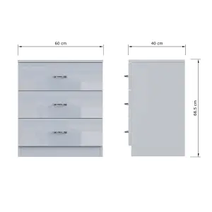 Grey Gloss 3 Drawer Chest Bedside Table Nightstand