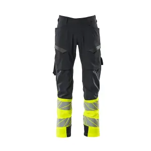 Mascot Accelerate Safe Ultimate Stretch Trousers with Thigh Pockets - Dark Navy/Hi-Vis Yellow   (35.5) (Leg Length - Regular)