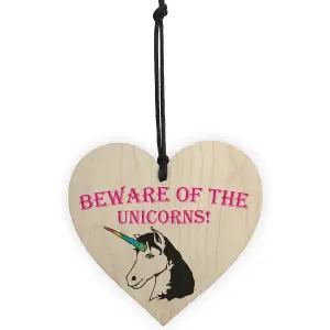 Red Ocean Beware Of The Unicorns Novelty Wooden Hanging Heart Plaque