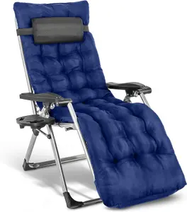 1 Deluxe Reclining Zero Gravity Chair With Cushion & Garden Cup Holder Lounger Outdoor - Blue