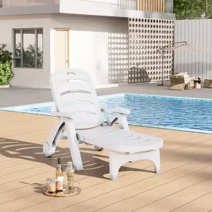 White Outdoor Plastic Foldable Garden Poolside Lounger Chair Adjustable Chaise Lounge Recliner with Wheels