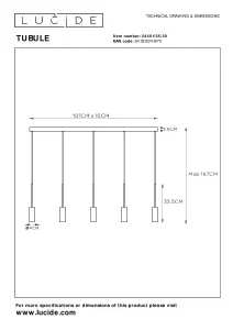 Lucide Tubule Modern Bar Pendant Light - LED - 5x7W 2700K - Black