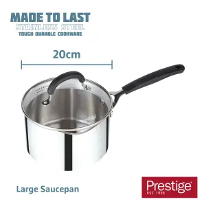 Prestige Made to Last Silver Round Stainless Steel Dishwasher Safe Saucepan with Double Sided Straining Lids 20cm, 2.8L