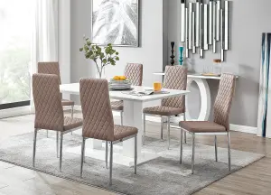 Imperia White High Gloss 6 Seater Dining Table with Structural 2 Plinth Column Legs 6 Beige Stitched Faux Leather Milan Chairs