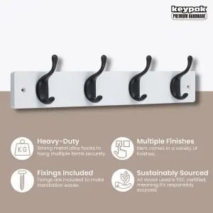 keypak 4 Matte Black Coat Hooks on White Wooden Board - 46cm Modern Wall Mounted Coat Rack Clothes Hanger