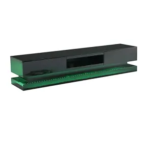 Step TV Stand With Storage for Living Room and Bedroom, 1800 Wide, LED Lighting, Media Storage, Black High Gloss Finish