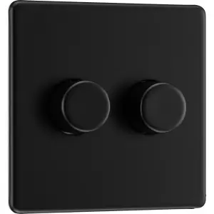 BG Screwless Flatplate Matt Black, Double Dimmer Switch, 2 Way, Trailing Edge 200W