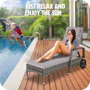 Sun Lounger - 6-position backrest, weather & UV-resistant, soft pillow, two wheels - grey/light grey