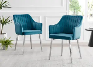 Set of 2 Calla Blue Deep Padded High Arm Soft Touch Stitched Velvet Silver Chrome Leg Dining Chairs