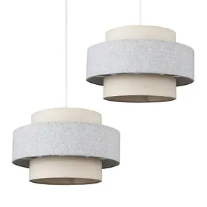 ValueLights Weaver Pair of Modern Ceiling Pendant Light Shades In Cream and Grey Herringbone Finish