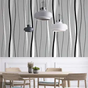 Dark Grey Wave Stripe Non Woven Geometric Patterned Wallpaper