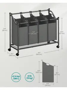 SONGMICS Rolling Laundry Sorter, Laundry Basket With 4 Removable Bags, Laundry Hamper, Laundry Trolley, For Laundry Room, 4 X 45 L