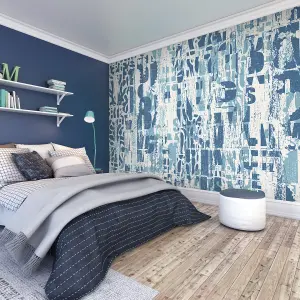 Origin Murals Letterpress Graffiti - Denim Blue Matt Smooth Paste the Wall Mural 350cm wide x 280cm high