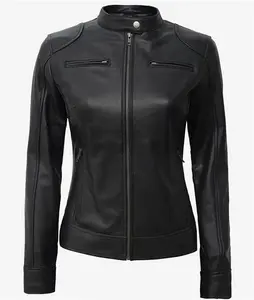 Womens Leather Moto Jacket | Black Cafe Racer Style