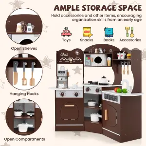 COSTWAY Corner Wooden Play Kitchen Kids Toy Kitchen Set with Lights & Sounds