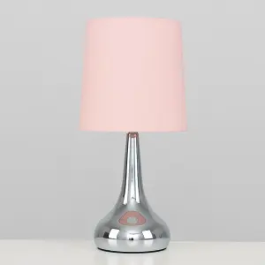 ValueLights Pair of Chrome Teardrop Touch Bed Side Table Lamps with Pink Fabric Shades Complete with 5w LED Bulbs 3000K Warm White