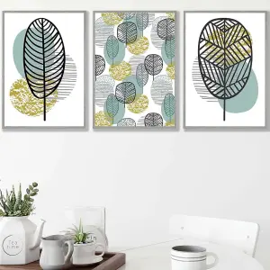 Set of 3 Mid Century Floral Pattern in Yellow and Blue Wall Art Prints / 42x59cm (A2) / Light Grey Frame