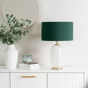 ValueLights India Gold Metal and White Confetti Glass Table Lamp with Forest Green Drum Lampshade - LED Bulb Included