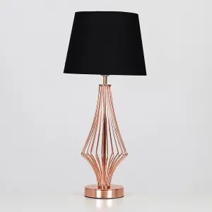 ValueLights Jaspa Modern Polished Copper Metal Wire Geometric Diamond Design Table Lamp with Black Tapered Shade