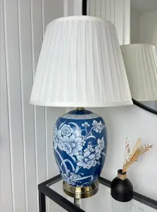 Blue Oriental Ceramic Table Lamp with Pleated Shade