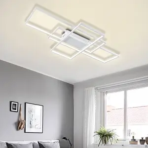 3 Lights White Neutral Style Rectangular LED Semi Flush Ceiling Light Fixture 90cm Dimmable