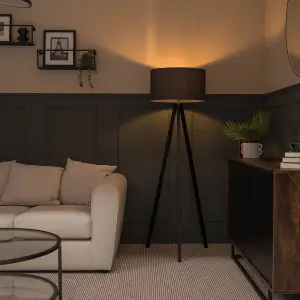 ValueLights Barbro Modern Black Wood Tripod Design Floor Lamp with a Charcoal Grey Drum Shade