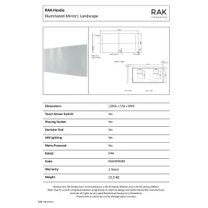 RAK Hestia 1200x600 Silvery White Square with Touch Sensor Illuminated Mirror IP44