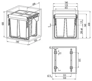 Pull Out Kitchen Waste/Recycle Soft Close Bin for 600mm Cabinet - Front Fixing Cabinets (34L + 34L)