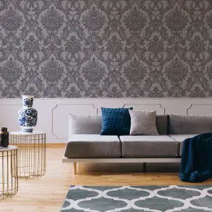 Boutique Baroque Grey Glitter effect Damask Textured Wallpaper