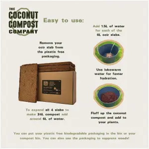 COCONUT COMPOST. Organic Coir Soil. 24L (4x6L) Peat Free + Plastic Free. Indoor + Outdoor Plants. Professional Standard.