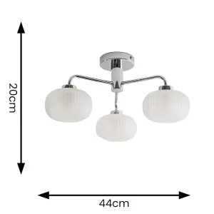 ValueLights Amaia 3 Way Ceiling Light Ribbed Glass Shade IP44 Bathroom - Chrome - Bulbs Included