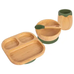 Tiny Dining 4pc Divided Bamboo Suction Baby Feeding Set - Olive Green