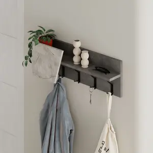 Decortie Modern Eleva Wall-Mounted Hanger Mocha Grey, Gold Marble, Engineered Wood with 4 Black Metal Hooks 74(D)x15.7(D)x26(H)