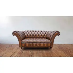 Chesterfield 2 Seater Antique Tan Leather Button Seat Sofa Settee In Balmoral Style