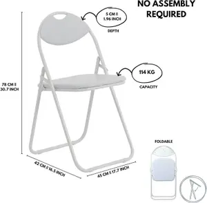 Set of 2 Foldable White Chairs for Small Spaces - Versatile Indoor Metal Folding Chairs -Desk Chairs for Bedroom, Office, & Guests