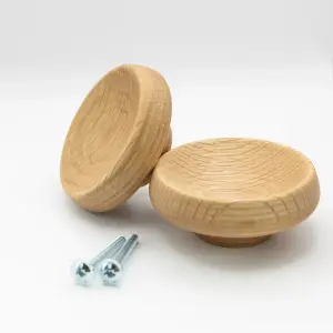 Pair of Round Concaved Oak Knobs for Cabinet Doors and Drawer Pulls Dia 67mm