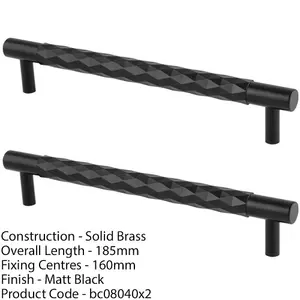 2 PACK - Diamond T Bar Pull Handle - Matt Black - 160mm Centres SOLID BRASS Drawer