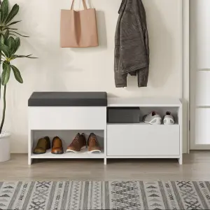 Decortie Modern Filux Shoe Bench Rack White Sliding Fabric Seat and 120.3(W) Storage Cabinet 2-Tier Open Shelves Hallway