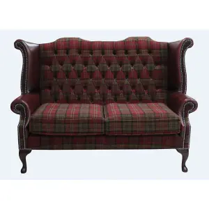 Chesterfield 2 Seater High Back Sofa Lana Terracotta Fabric Antique Oxblood Leather In Queen Anne Style