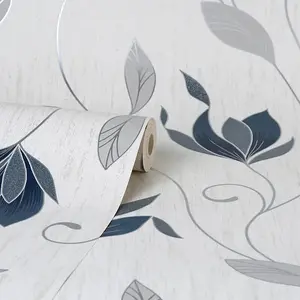 Crown Synergy Floral Navy Silver Leaf Textured Glitter Wallpaper M1716