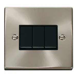 Satin / Brushed Chrome 10A 3 Gang 2 Way Light Switch - Black Trim - SE Home