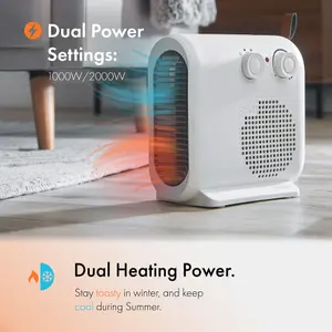 VonHaus Fan Heater 2KW, Portable Electric Lightweight Heater for Home, Office, Any Room, Can be Placed Upright or Flat, White