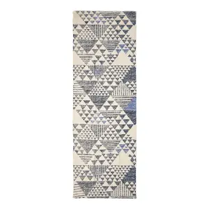 Homescapes Delphi Blue and White Geometric Style 100% Cotton Printed Rug, 66 x 200 cm